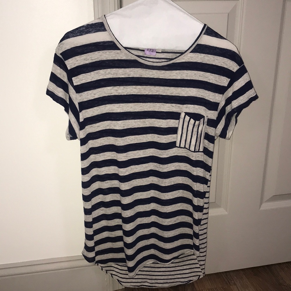 Navy Blue Striped | Linen | Short-sleeve Top | W-S